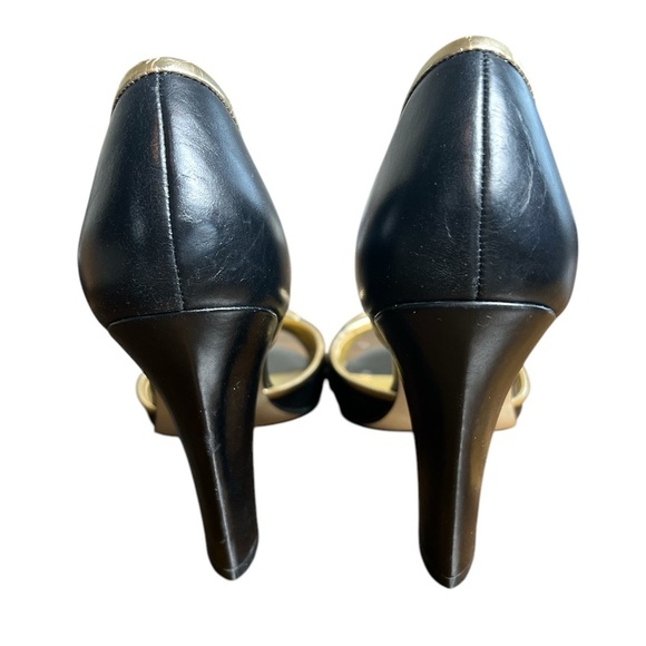 Nine West Black Leather Open Toe D’Orsay Heels Gold Buckle Women’s Size 8 - Picture 4 of 6